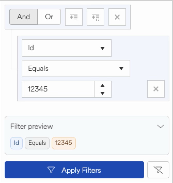 Filter options displayed with 'Id' and 'Equals' criteria for data selection.